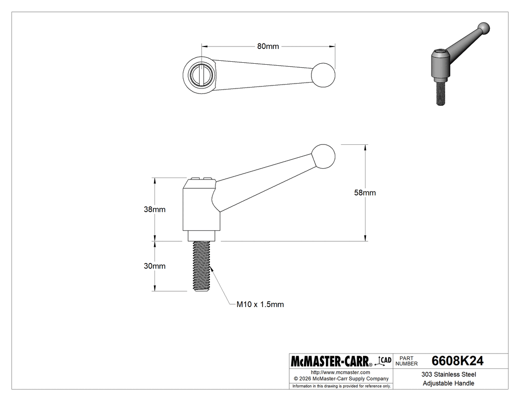 Technical Drawing of 303 Stainless Steel Adjustable Handle, with M10 x 1.5 mm Thread Size x 30 mm Long Stud, 58 mm Projection.